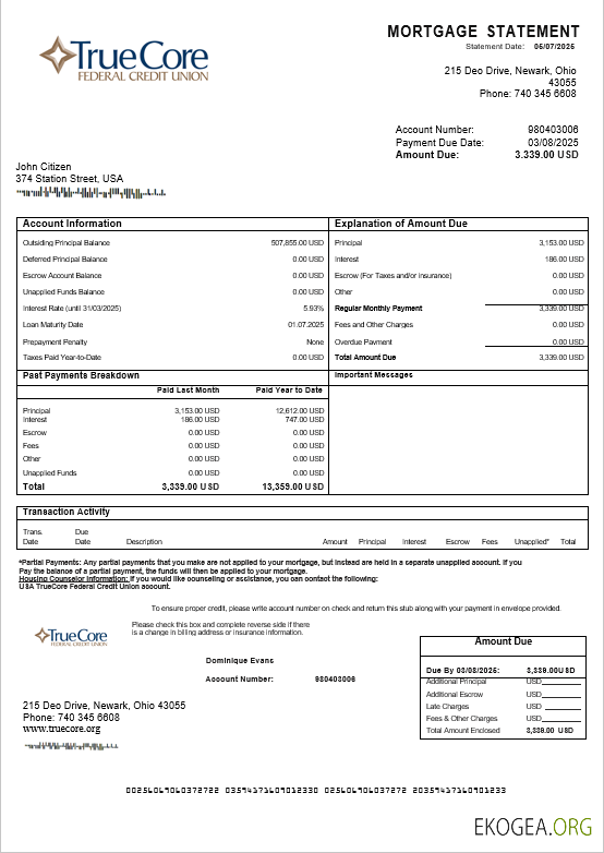 Relevé hypothécaire du compte USA TrueCore Federal Credit Union aux formats Word et PDF